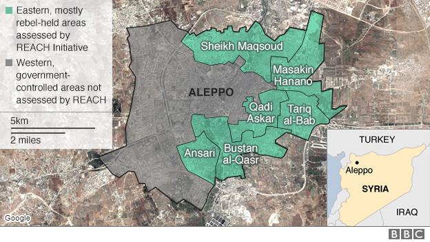 map of Aleppo showing rebel-held areas as assessed by REACH Initiative in document published on 30 September 2016