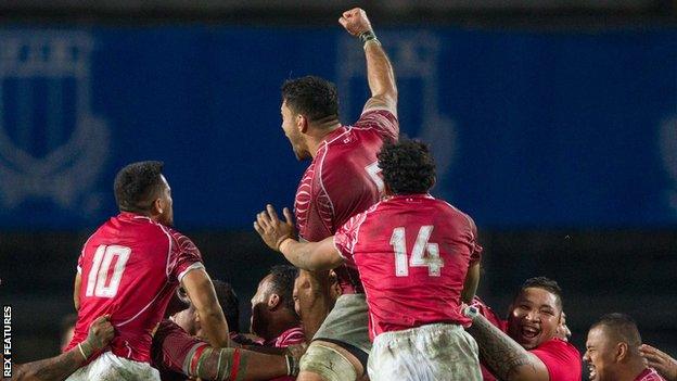 Tonga celebrate beating Italy in Padua in November, 2016