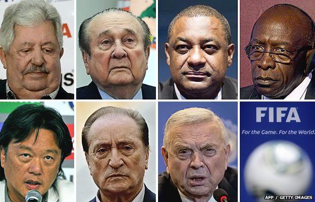 A combination of file pictures shows Fifa officials (LtoR, from upper row) Rafael Esquivel, Nicolas Leoz, Jeffrey Webb, Jack Warner, Eduardo Li, Eugenio Figueredo and Jose Maria Marin, 27 May 2015