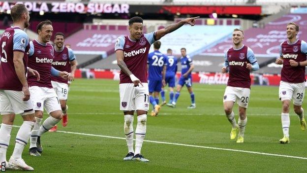 Jesse Lingard celebrates his first goal for West Ham against Leicester