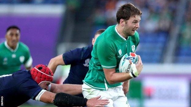 Iain Henderson breaks clear for Ireland against Scotland in last year's World Cup in Japan