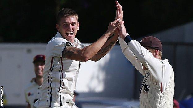 Kent's Harry Podmore celebrates a wicket