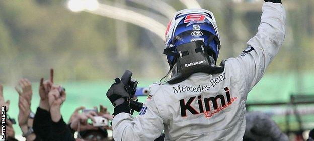 Kimi celebrates winning the 2005 Japanese Grand Prix