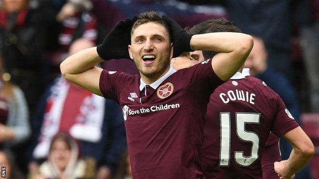 David Milinkovic celebrates a goal for Hearts