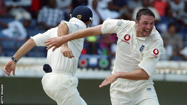 England fast bowler Steve Harmison jumps up to celebrate taking a wicket against West Indies in 2004