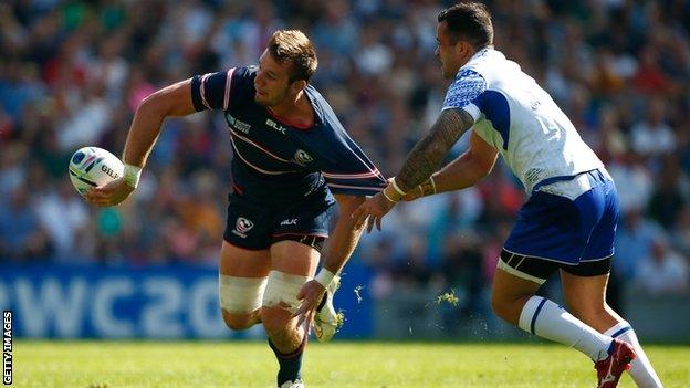 Cam Dolan playing for the USA rugby team against Samoa