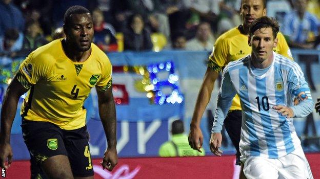 Wes Morgan in action for Jamaica against Argentina