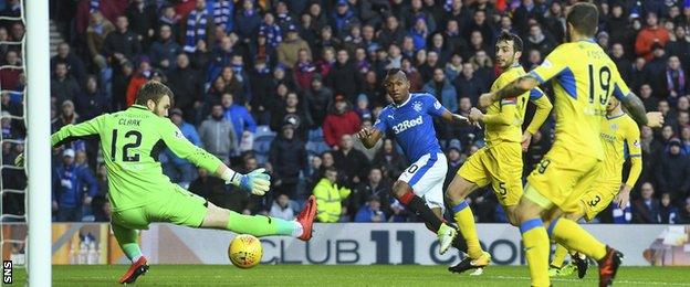 Alfredo Morelos scores for Rangers against St Johnstone