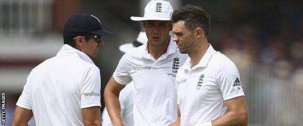 England's Alastair Cook, Stuart Broad and James Anderson