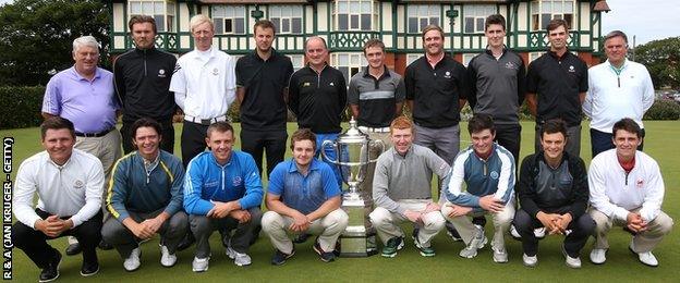 Walker Cup captain Nigel Edwards (back row centre left) invited his squad to a pre-planned two-day get-together on Tuesday and Wednesday at Royal Lytham & St Annes