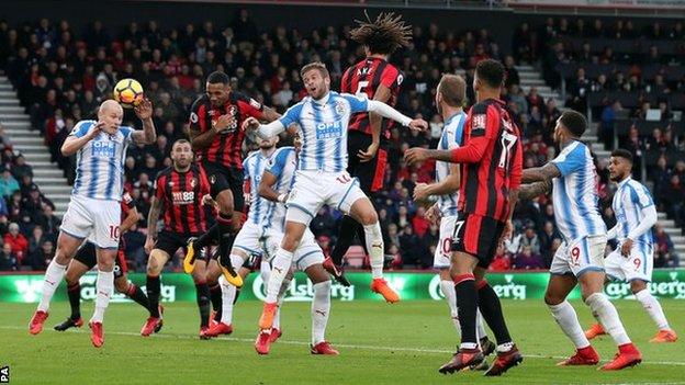 Callum Wilson heads Bournemouth ahead against Huddersfield