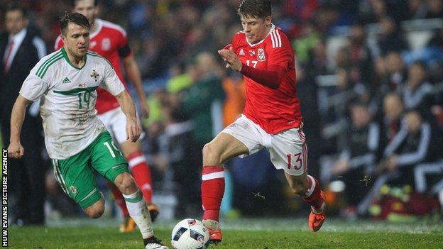 Lloyd Isgrove attacks for Wales against Northern Ireland