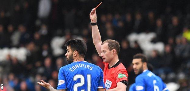 Daniel Candeias is sent off by referee Willie Collum