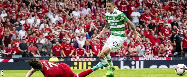 Aberdeen's Kenny McLean is left flat on the deck as he misses a chance