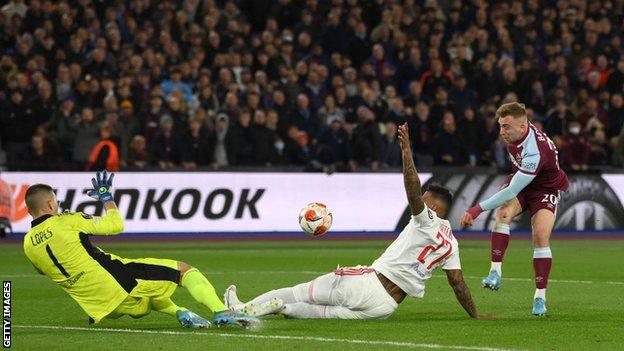 Jarrod Bowen scores for West Ham.