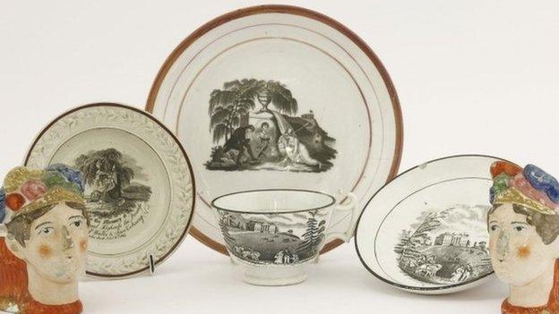 Royal memorabilia including a plate showing Prince Leopold and Britannia mourning at Charlotte"s tomb, which will be offered at a Sworders auction on 15 September