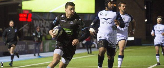 Leonardo Sarto scores his second try for Glasgow Warriors against Montpellier