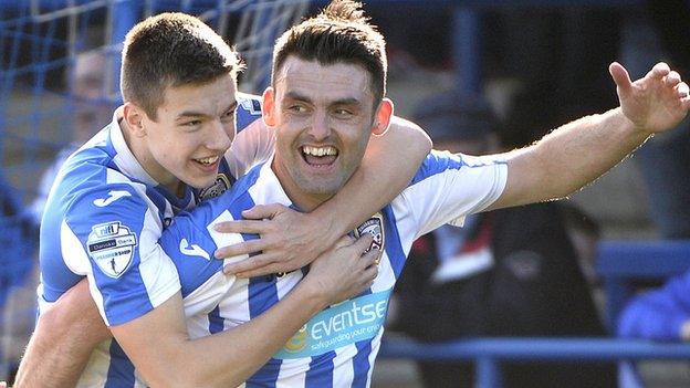 A delighted Eoin Bradley celebrates scoring against Crusaders at the Showgrounds