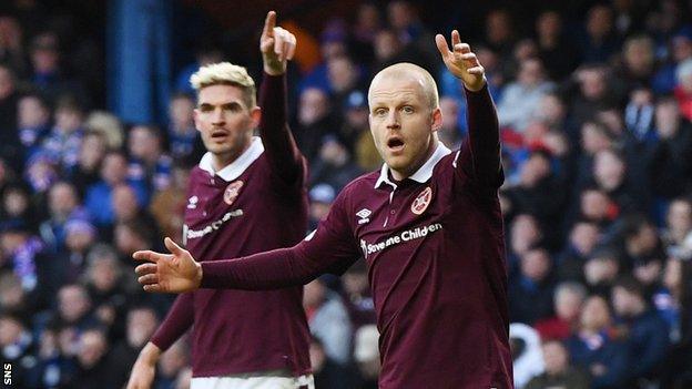 Hearts attackers Kyle Lafferty and Steven Naismith at Ibrox