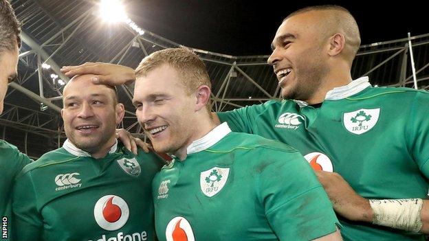 Rory Best (left) celebrates with Ireland team-mates Keith Earls and Simon Zebo after the win in Dublin