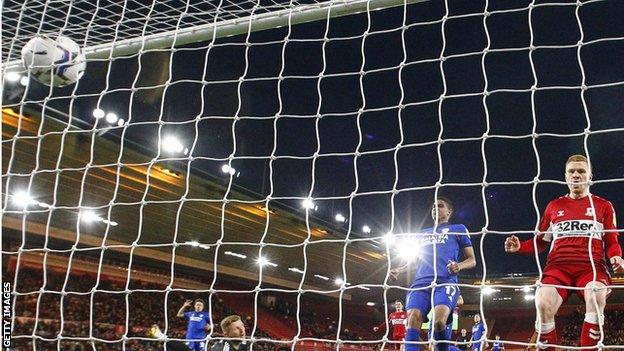 Riley McGree's shot hits the back of the net for Middlesbrough