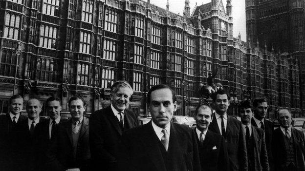 Jeremy Thorpe, Jo Grimond, David Steel and other Liberal MPs outside Parliament in the 1960s