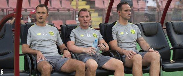 Chris Davies, Brendan Rodgers and John Kennedy watch Celtic in action against Alashkert