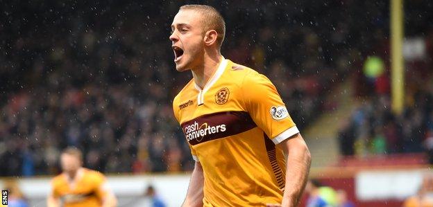 Louis Laing celebrates scoring for Motherwell