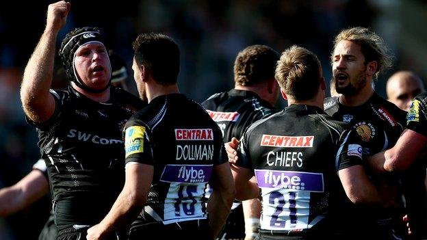 Thomas Waldrom celebrates his try for Exeter