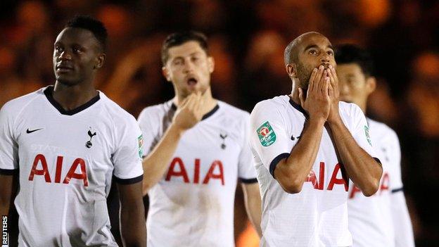 Tottenham look dejected after losing to Colchester