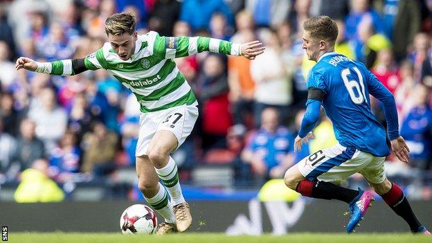 Patrick Roberts tries to get past Rangers defender Myles Beerman