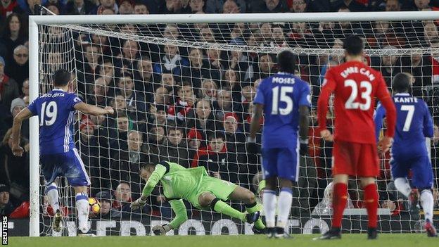 Diego Costa misses a penalty against Liverpool