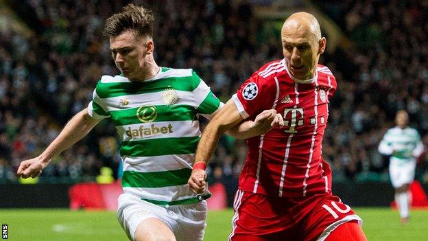 Kieran Tierney and Arjen Robben during Celtic's Champions League match at home to Bayern Munich