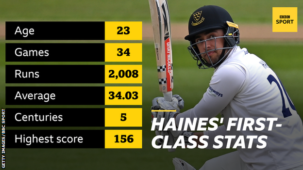 Tom Haines' first-class stats: Age 23, Games 34, Runs 2,008, Average 24.03, Centuries 5, Highest score 156