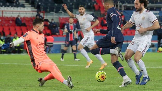 Paris St-Germain forward Kylian Mbappe goes close to scoring against Bordeaux