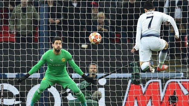 Son Heung-min scoring for Tottenham against Borussia Dortmund