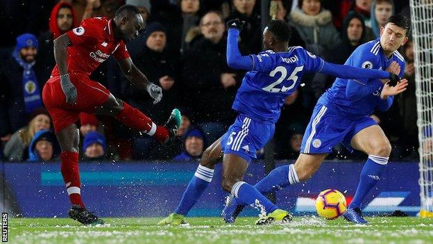 Liverpool's Sadio Mane has a shot during the 1-1 draw with Leicester at Anfield