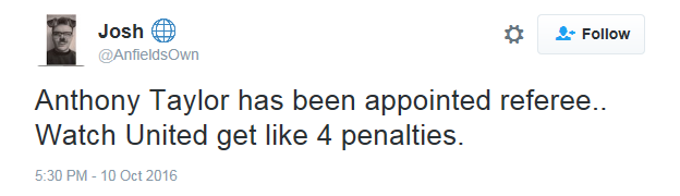 Tweet from a Liverpool fan questioning Anthony Taylor's appointment