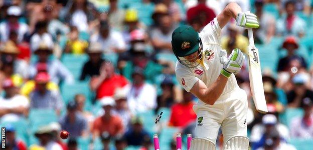 Cameron Bancroft is bowled by Stuart Broad