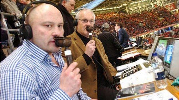 Eddie Butler and Brian Moore commentating at the Principality Stadium in Cardiff