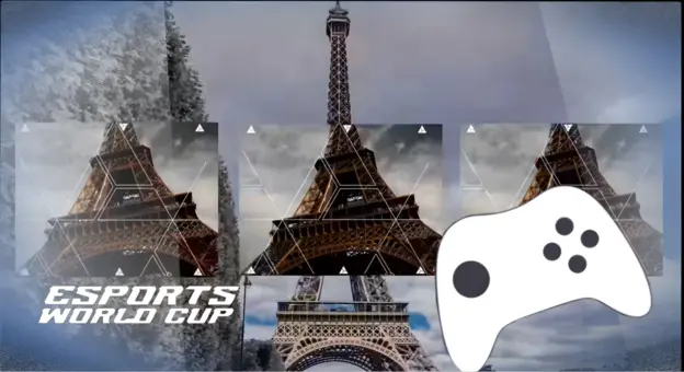 Image of eiffel tower and esports world cup logo and gaming controller.