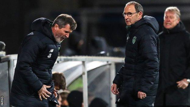 Roy Keane shows his frustration during the Republic of Ireland's 0-0 draw with Denmark as Martin O'Neill looks in his direction