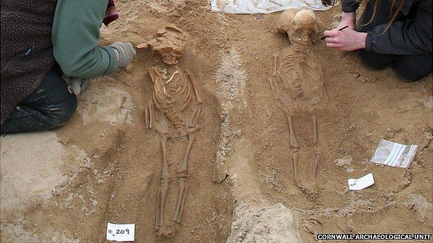 Skeletons being excavated at St Piran's Oratory in Cornwall