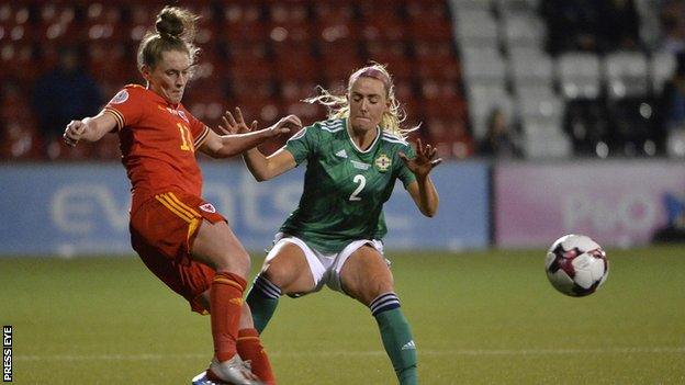 Rachel Newborough (right) in action for Northern Ireland against Wales last year