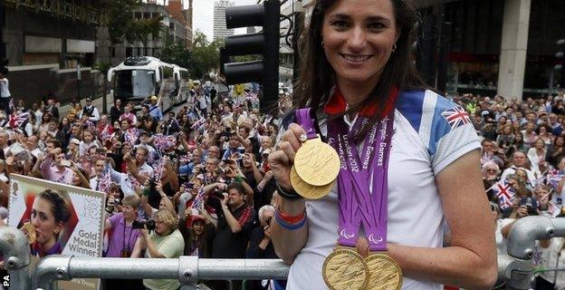 Dame Sarah Storey celebrates her success at the 2012 Games