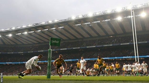 Jonny May scores first try in the win over Australia on Saturday