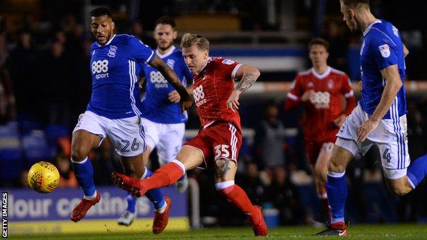 Nottingham Forest striker Jason Cummings shoots for goal against Birmingham City