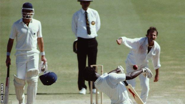 The Waca has always been a fearsome place for an England batsman. Here, Norman Cowans has hit helmet removed from his head by a Dennis Lillee bouncer