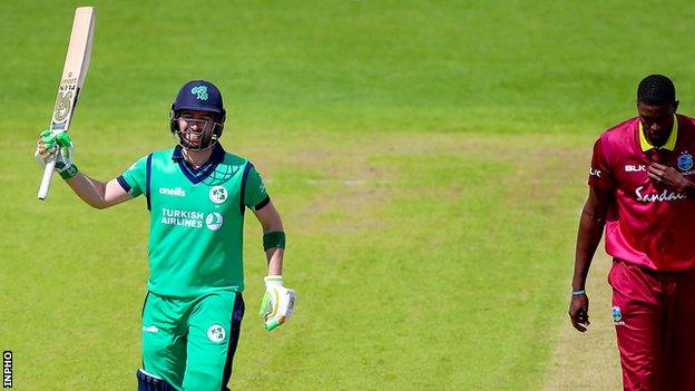 Andy Balbirnie celebrates his century in Saturday's one-day game against the West Indies