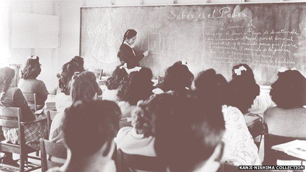 Japanese-Peruvians attend a class at the Federal High School in the Crystal City Internment Camp in Texas in 1944